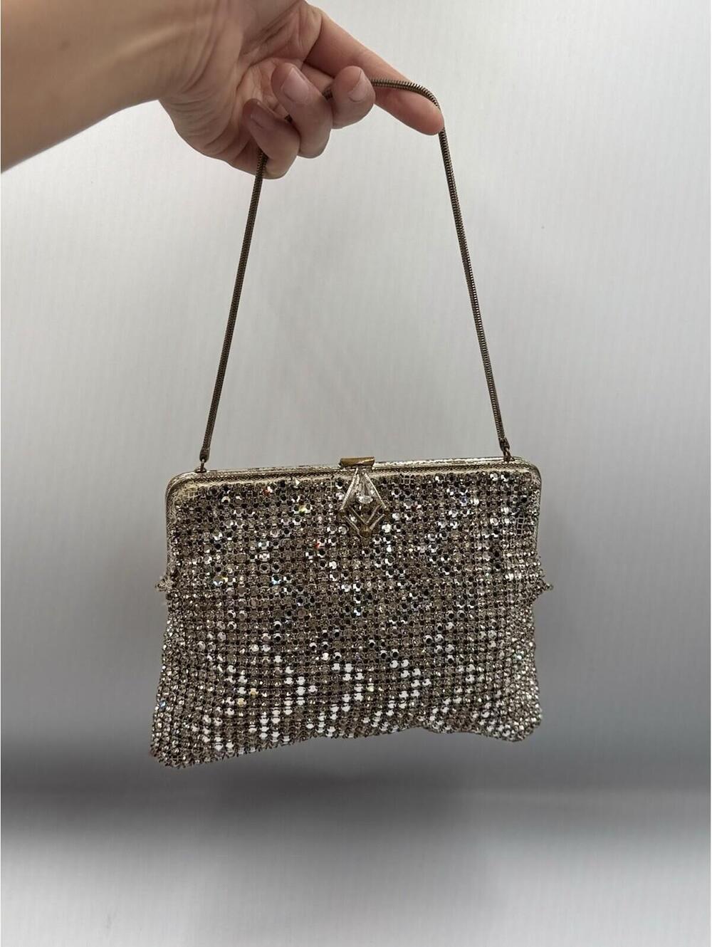 Vintage Rhinestone Mesh Clutch Silver Evening Bag Glam Purse